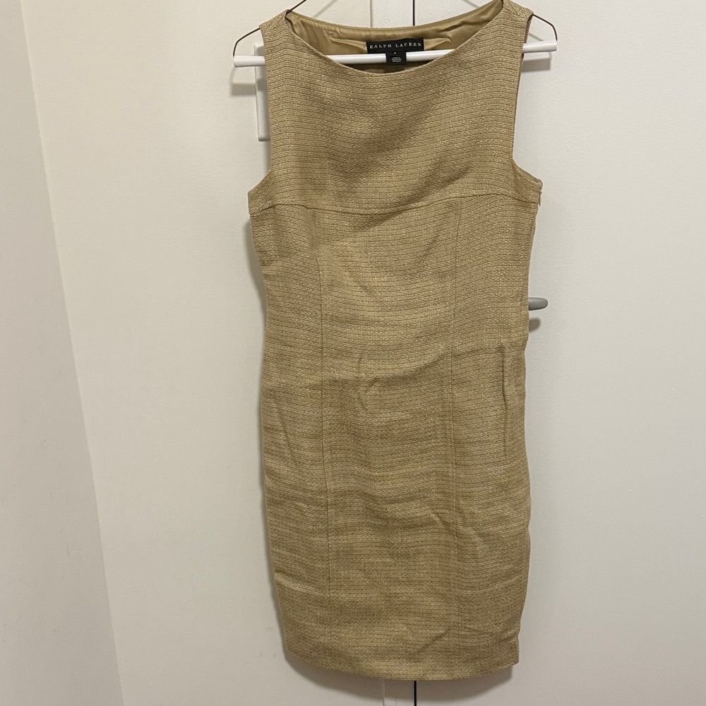 Ralph Lauren Black Label Beige Metallic Gold Linen Blend Shift Dress. Size 4.